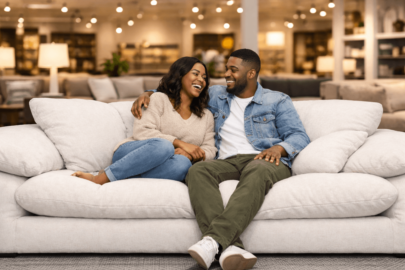 a couple sits on a cloud sofa